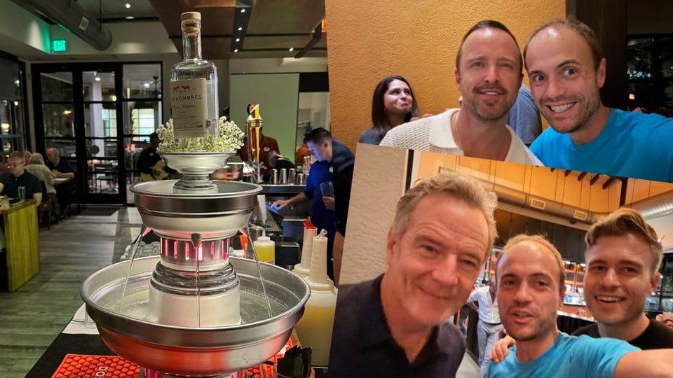 A mezcal fountain, Brian Cranston, and Aaron Paul